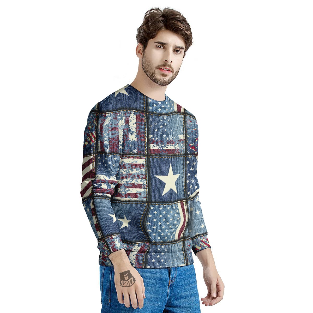 Patchwork USA Denim Print Pattern Men's Sweatshirt-grizzshop