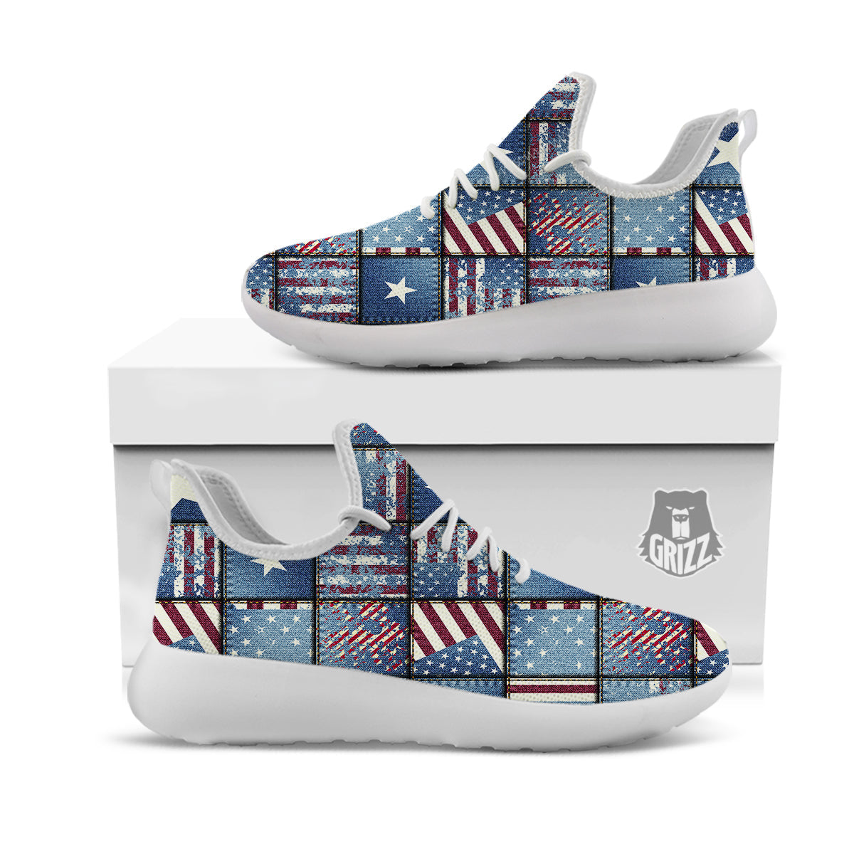 Patchwork USA Denim Print Pattern White Athletic Shoes-grizzshop