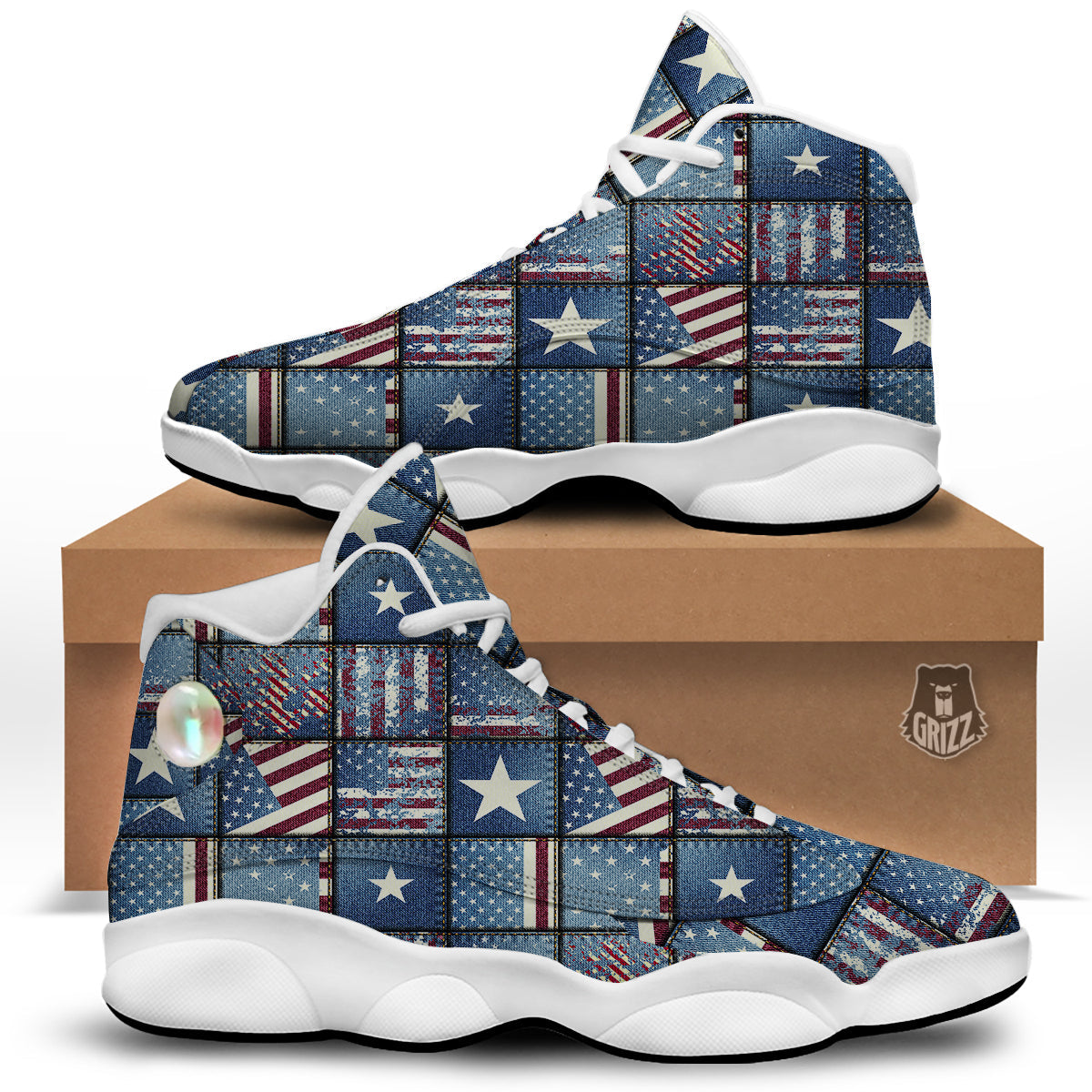 Patchwork USA Denim Print Pattern White Basketball Shoes-grizzshop