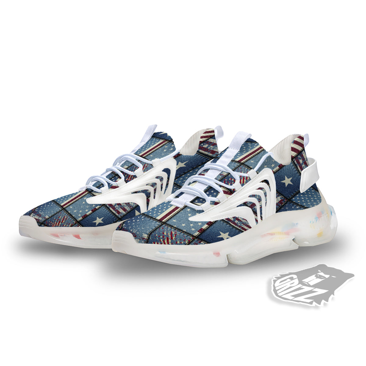 Patchwork USA Denim Print Pattern White Gym Shoes-grizzshop