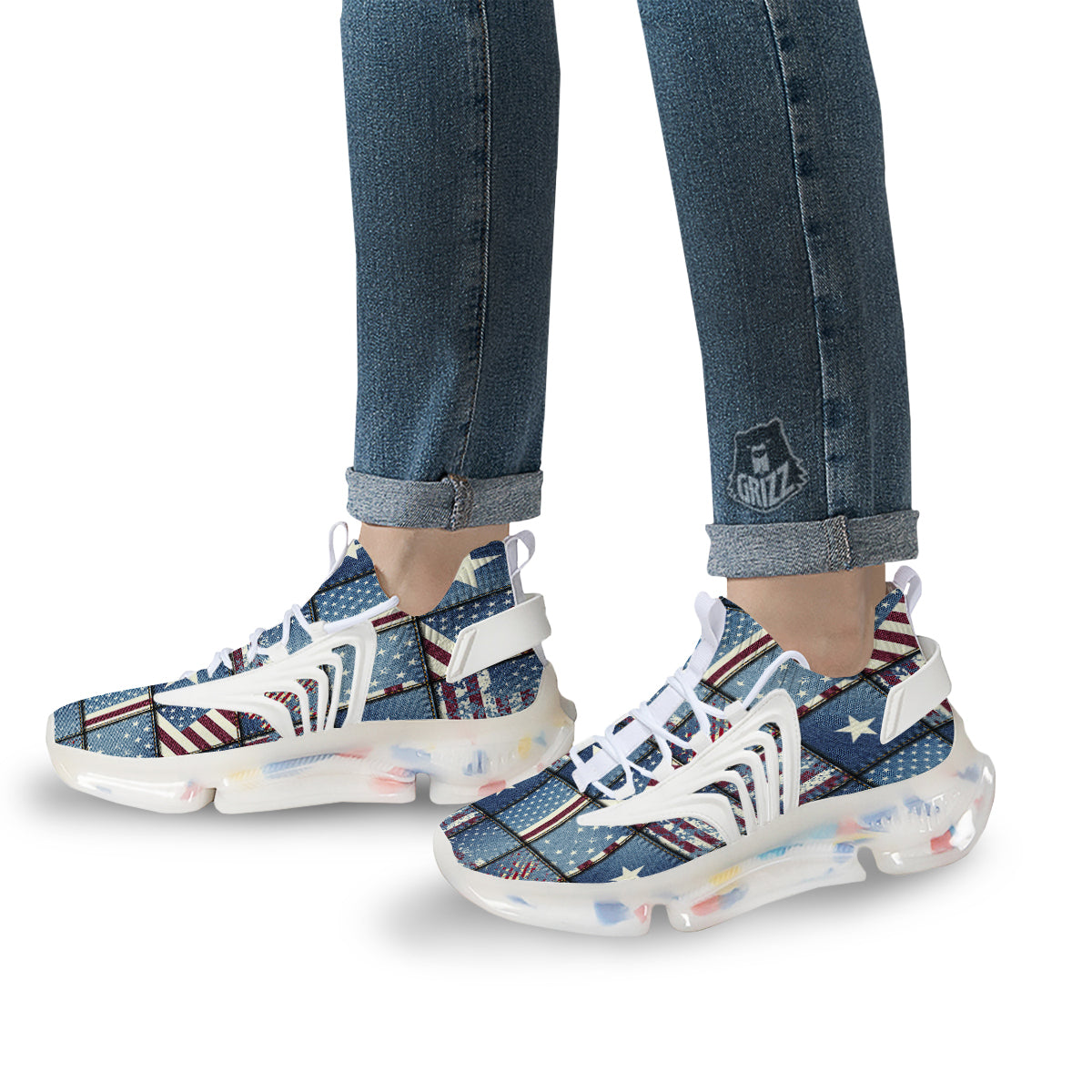 Patchwork USA Denim Print Pattern White Gym Shoes-grizzshop