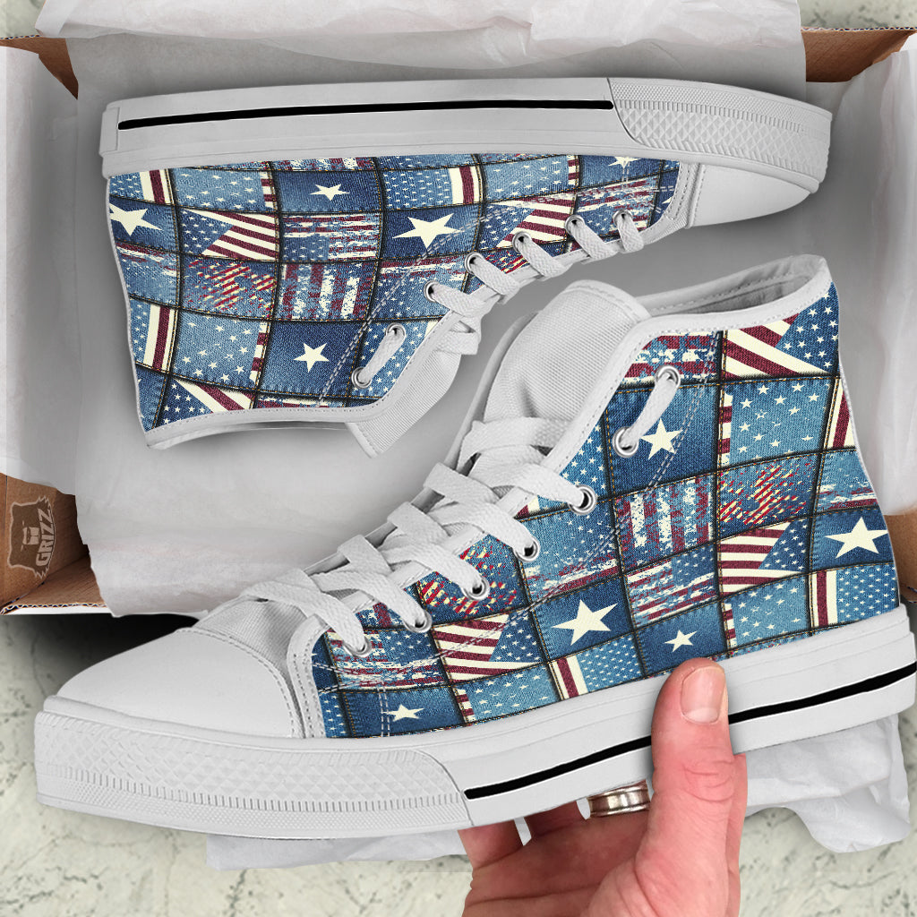 Patchwork USA Denim Print Pattern White High Top Shoes-grizzshop