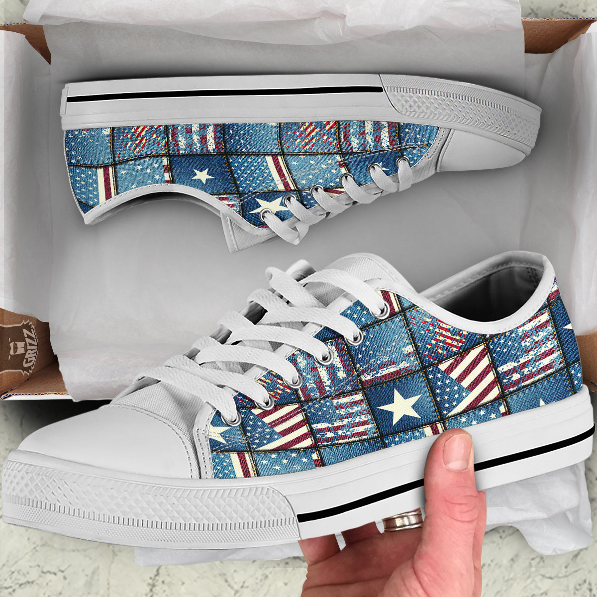 Patchwork USA Denim Print Pattern White Low Top Shoes-grizzshop