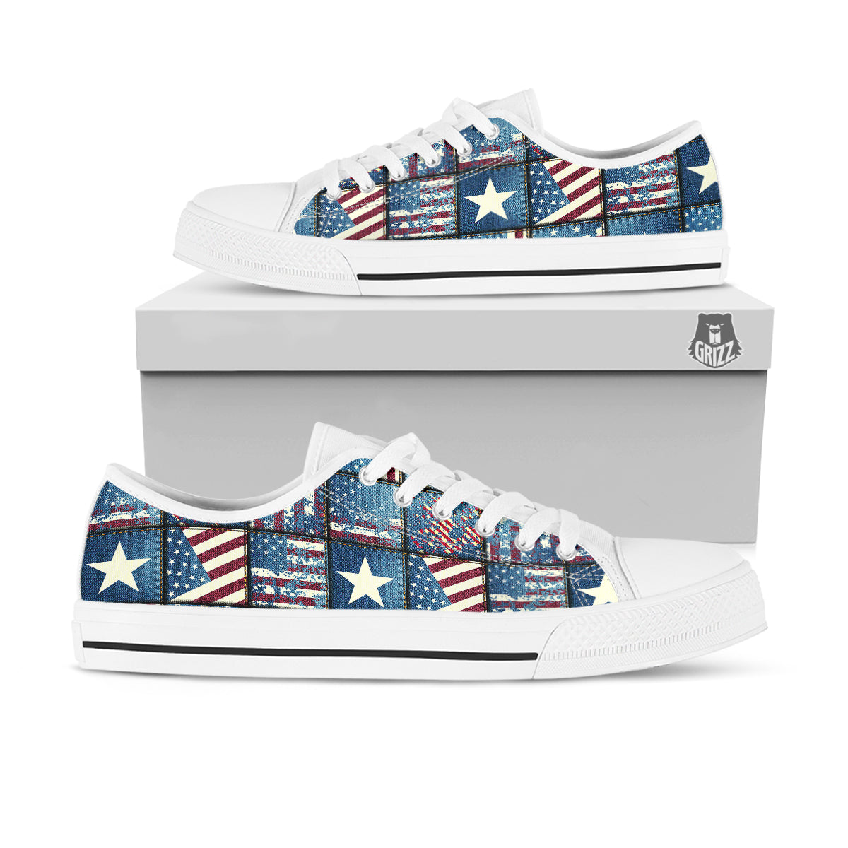 Patchwork USA Denim Print Pattern White Low Top Shoes-grizzshop