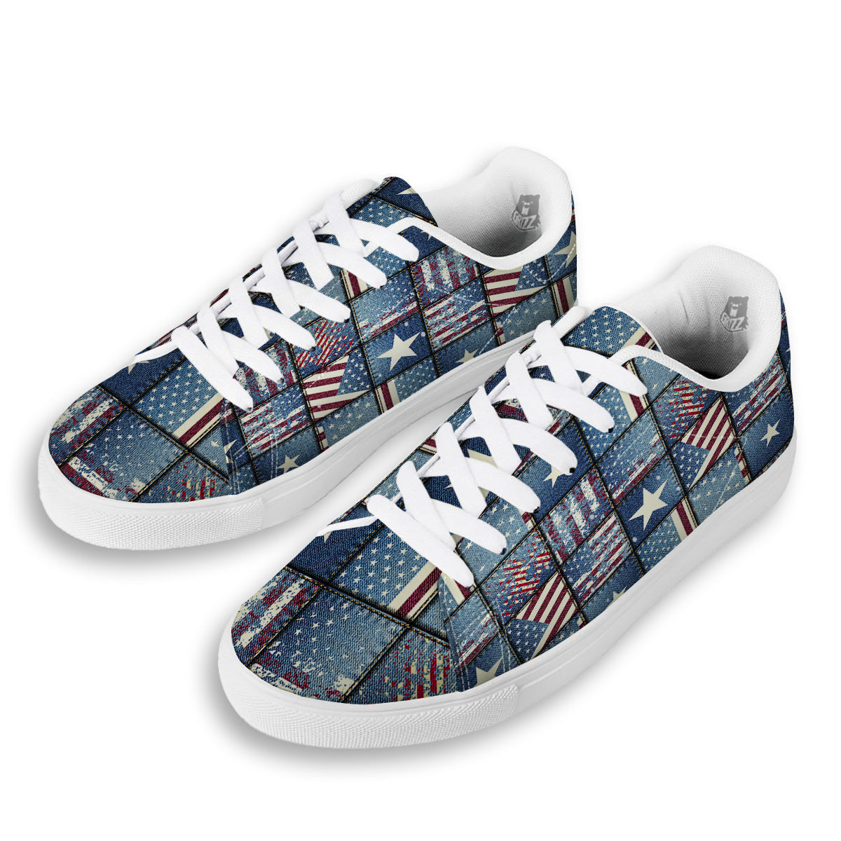 Patchwork USA Denim Print Pattern White Low Top Sneakers-grizzshop