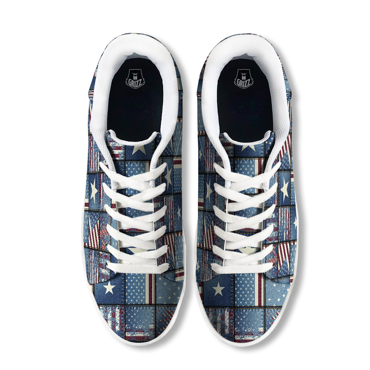 Patchwork USA Denim Print Pattern White Low Top Sneakers-grizzshop