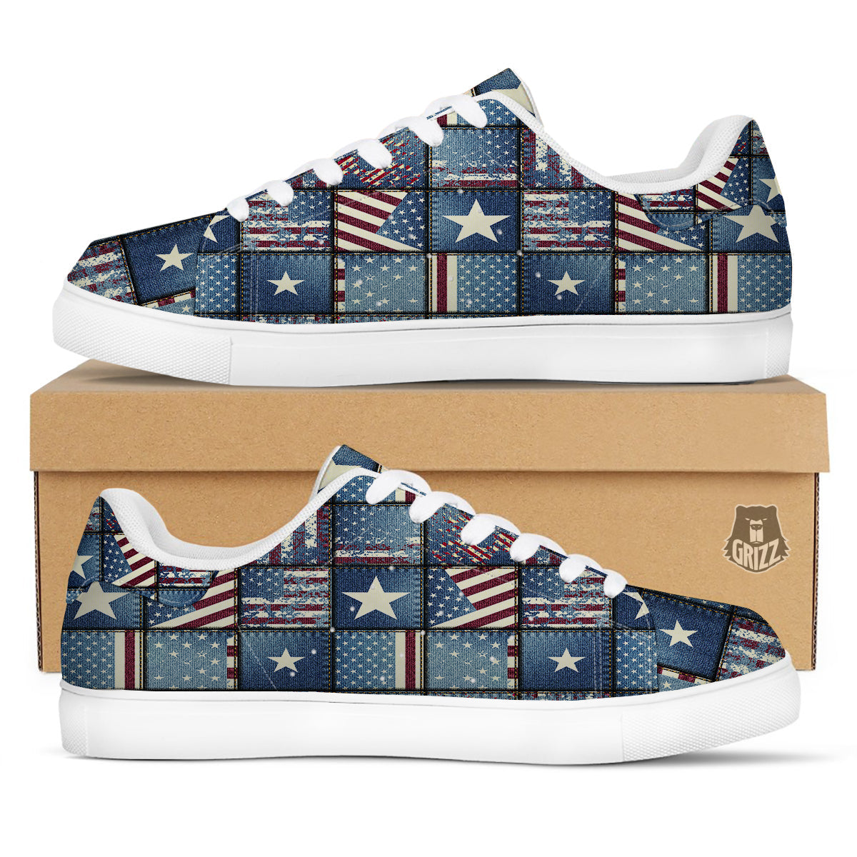 Patchwork USA Denim Print Pattern White Low Top Sneakers-grizzshop