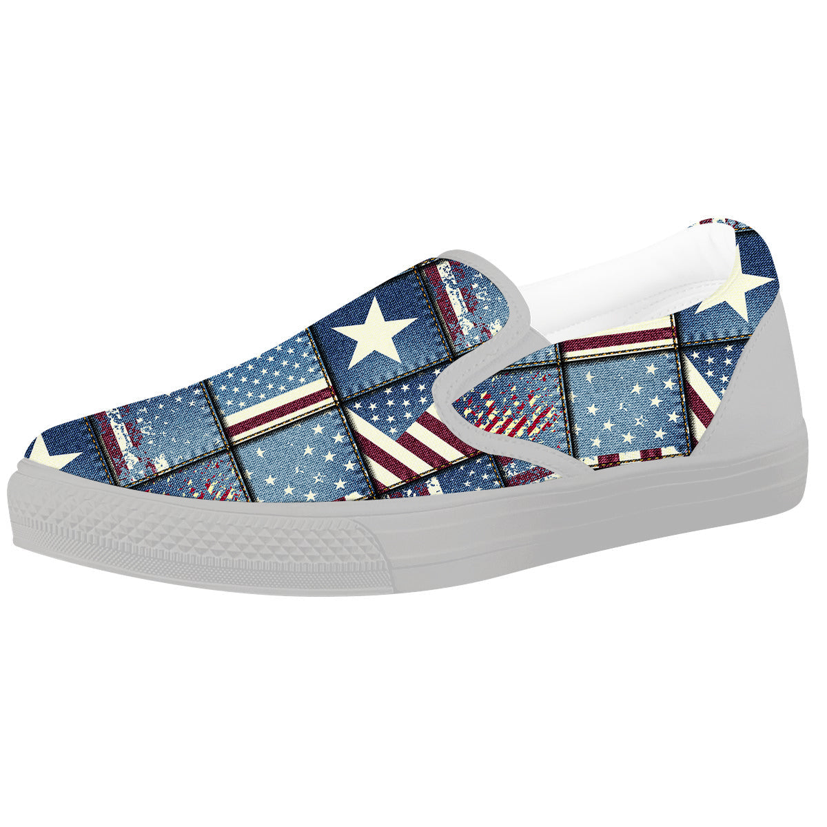 Patchwork USA Denim Print Pattern White Slip On Shoes-grizzshop