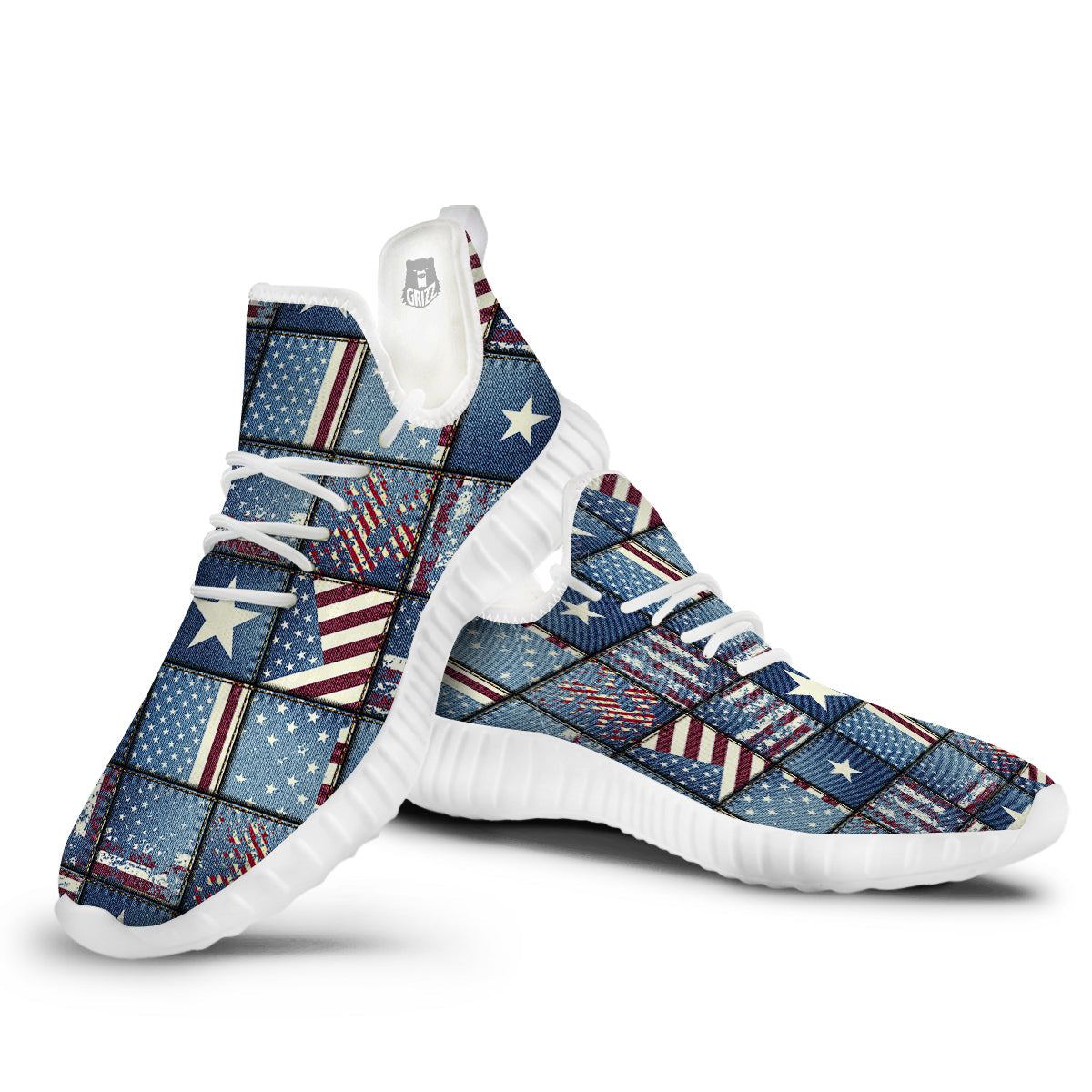 Patchwork USA Denim Print Pattern White Walking Shoes-grizzshop