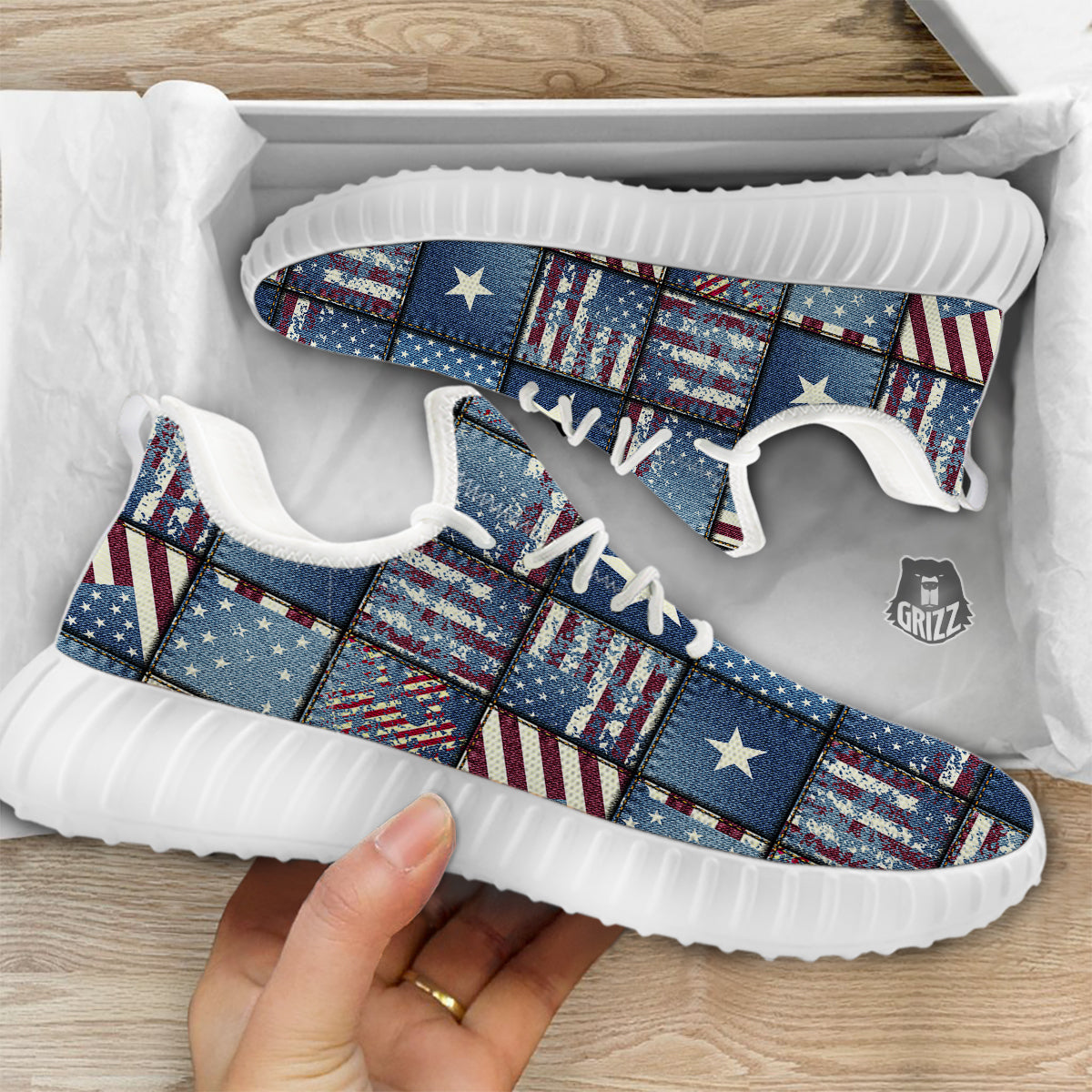 Patchwork USA Denim Print Pattern White Walking Shoes-grizzshop