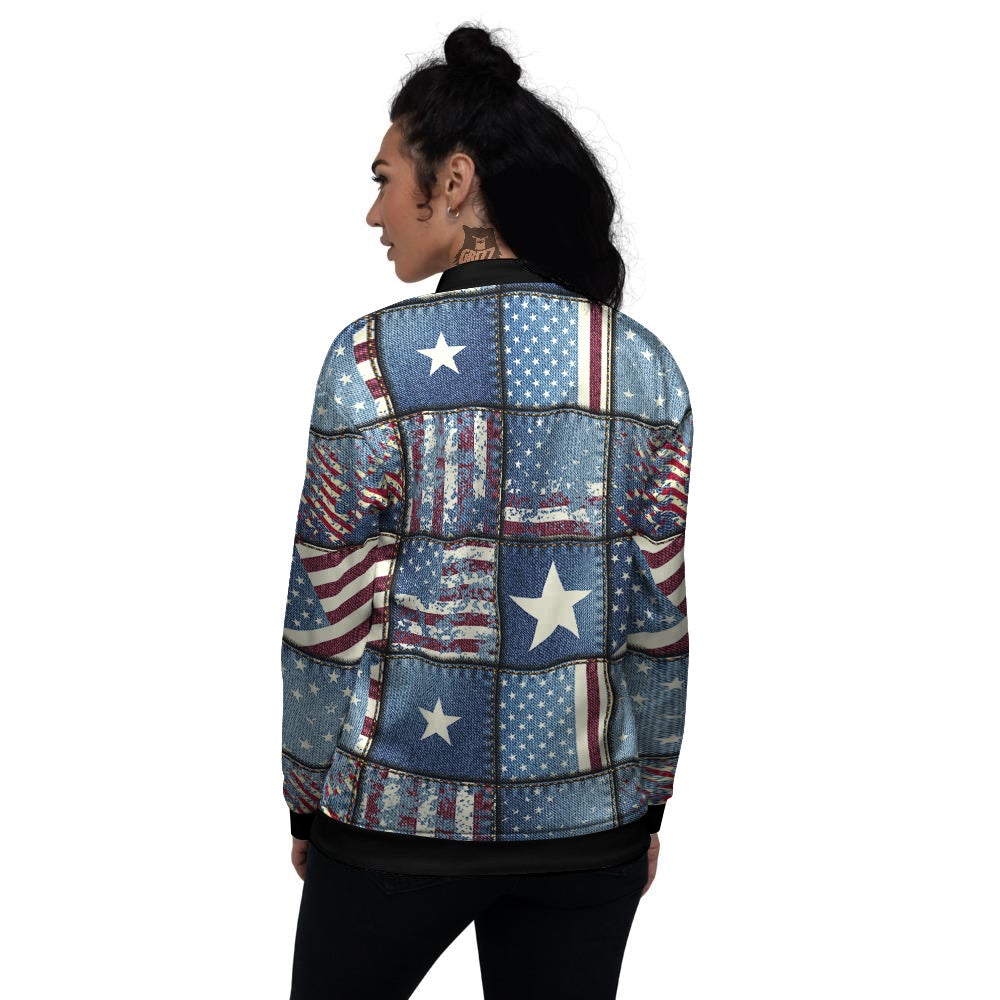 Patchwork USA Denim Print Pattern Women's Bomber Jacket-grizzshop