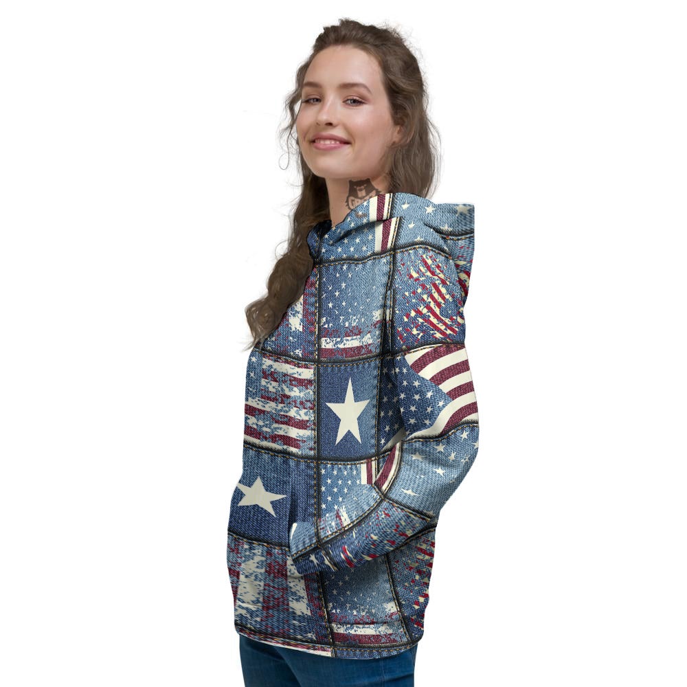 Patchwork USA Denim Print Pattern Women's Hoodie-grizzshop