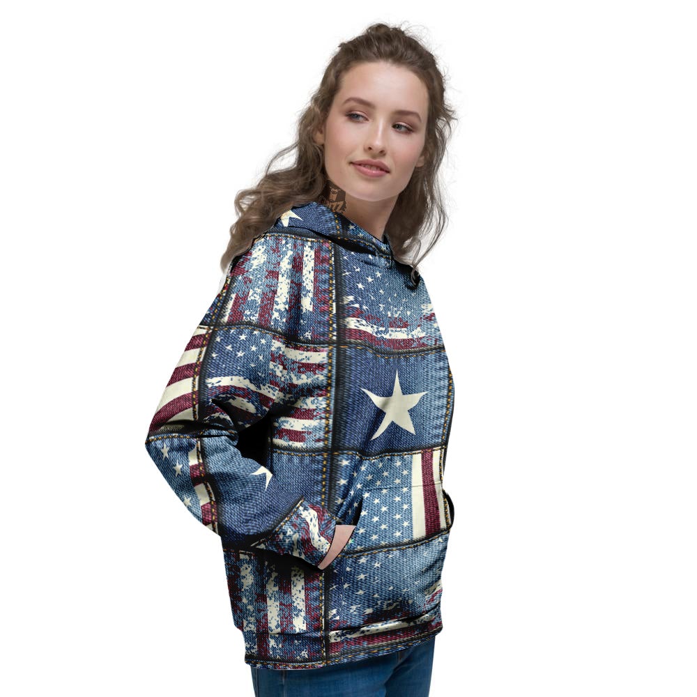 Patchwork USA Denim Print Pattern Women's Hoodie-grizzshop