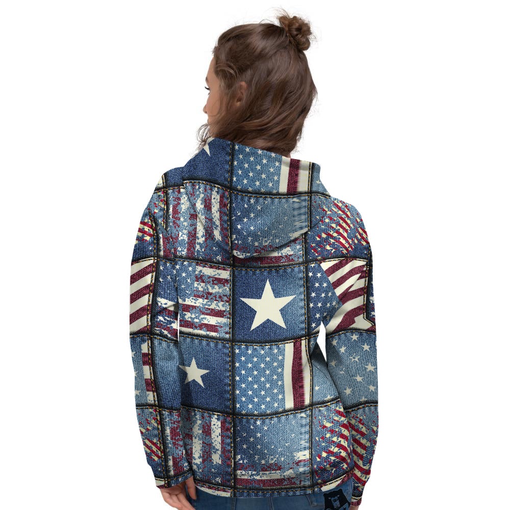 Patchwork USA Denim Print Pattern Women's Hoodie-grizzshop