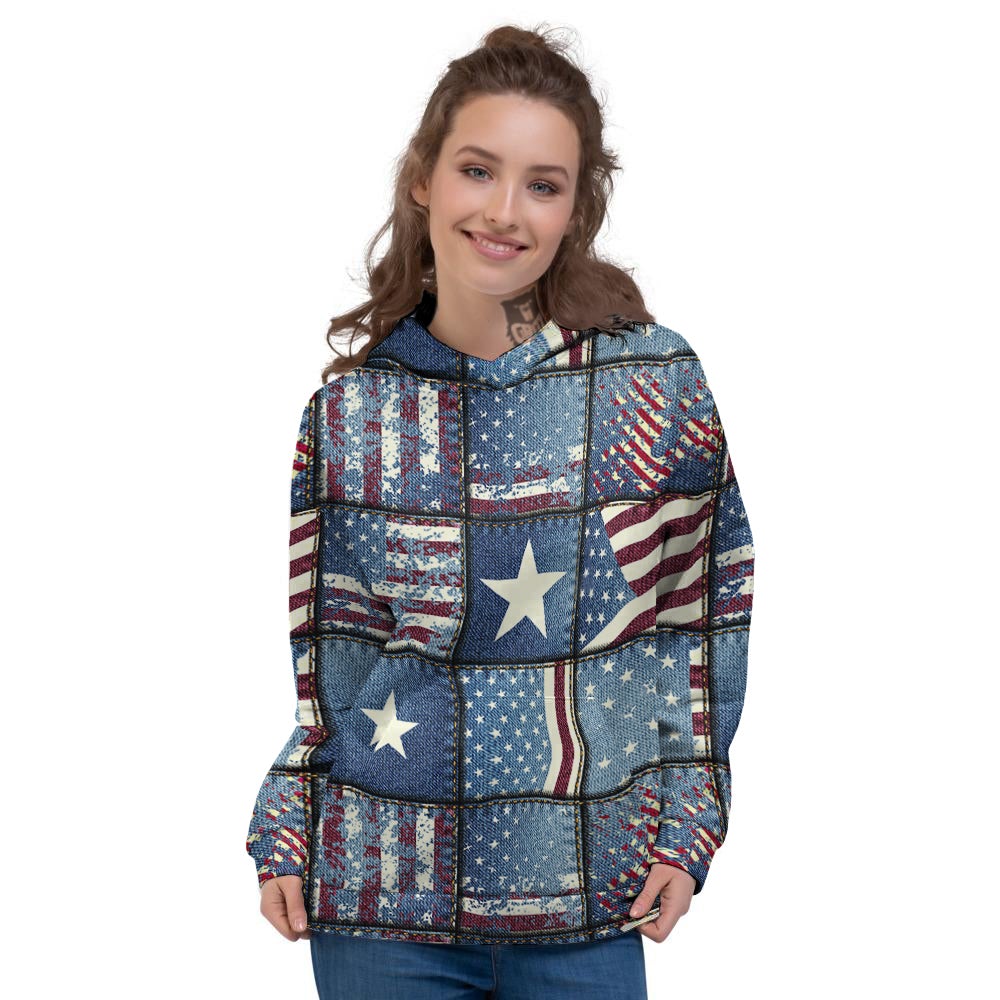 Patchwork USA Denim Print Pattern Women's Hoodie-grizzshop