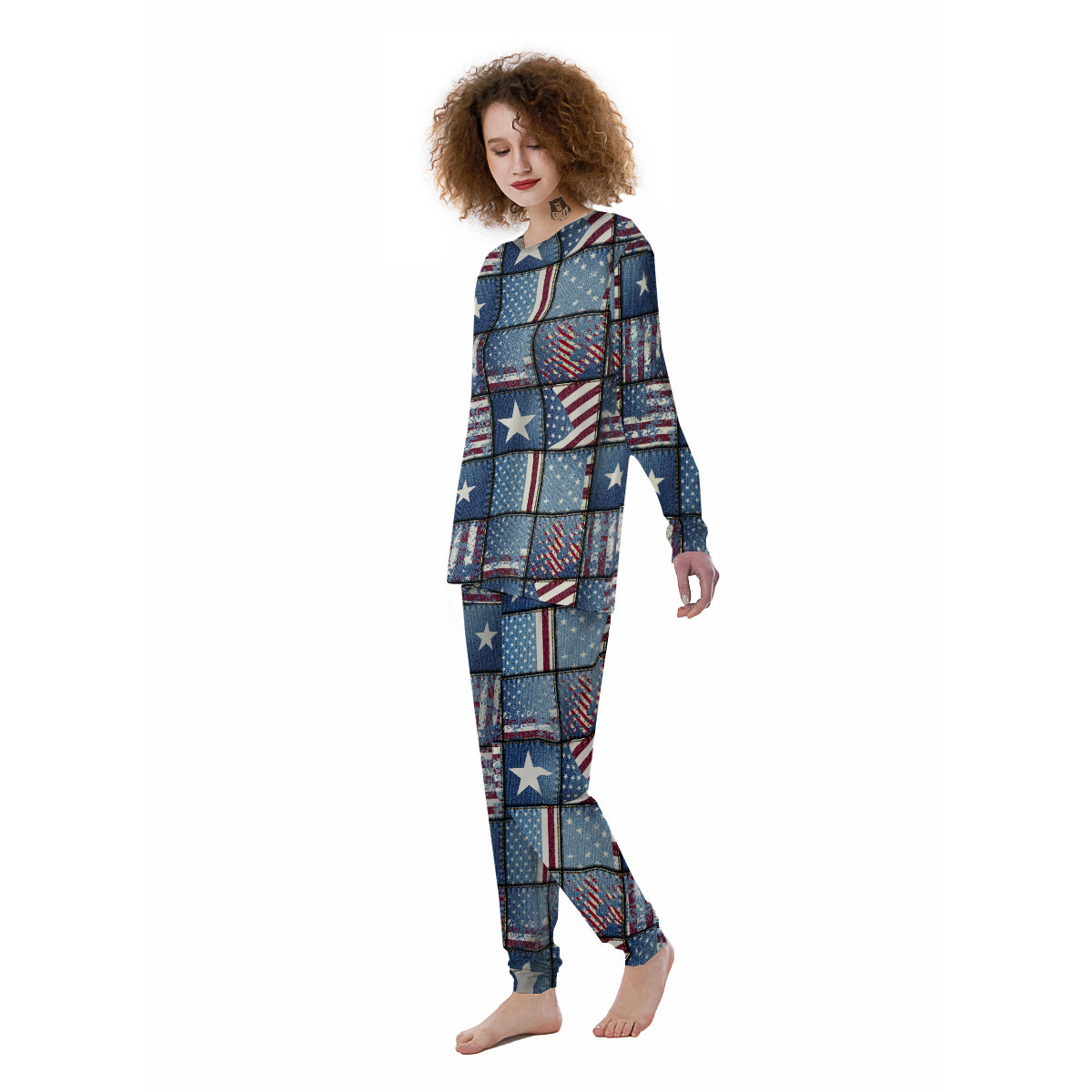 Patchwork USA Denim Print Pattern Women's Pajamas-grizzshop