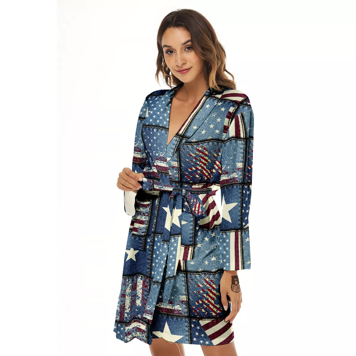 Patchwork USA Denim Print Pattern Women's Robe-grizzshop