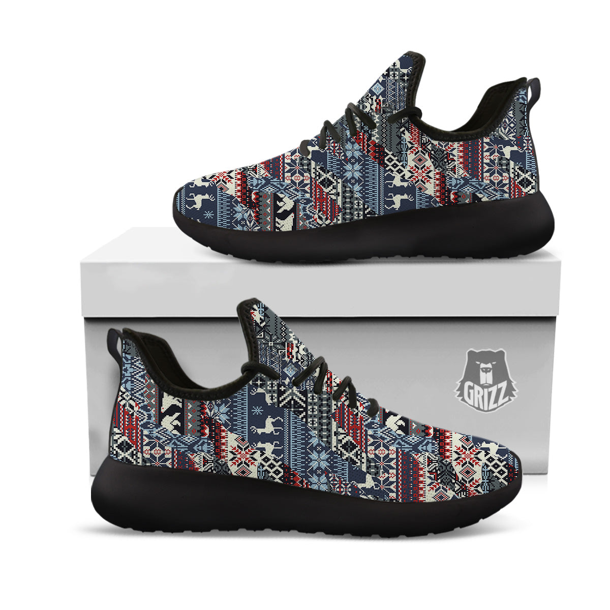 Patchwork Ugly Snowflake And Knitted Print Pattern Black Athletic Shoes-grizzshop