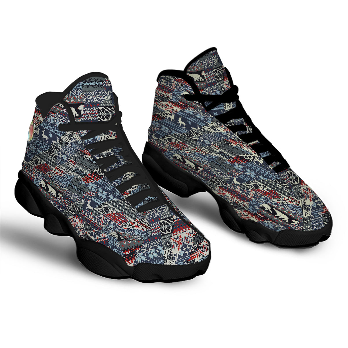 Patchwork Ugly Snowflake And Knitted Print Pattern Black Basketball Shoes-grizzshop