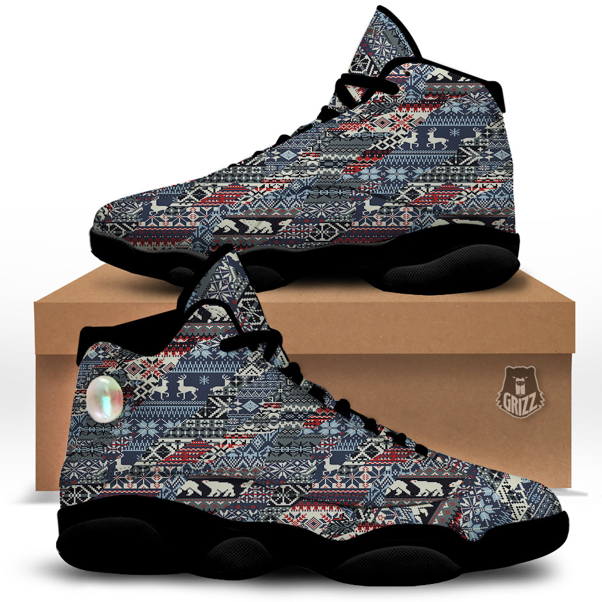 Patchwork Ugly Snowflake And Knitted Print Pattern Black Basketball Shoes-grizzshop