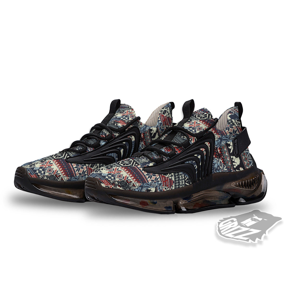 Patchwork Ugly Snowflake And Knitted Print Pattern Black Gym Shoes-grizzshop