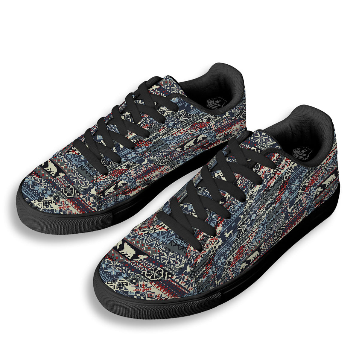 Patchwork Ugly Snowflake And Knitted Print Pattern Black Low Top Sneakers-grizzshop
