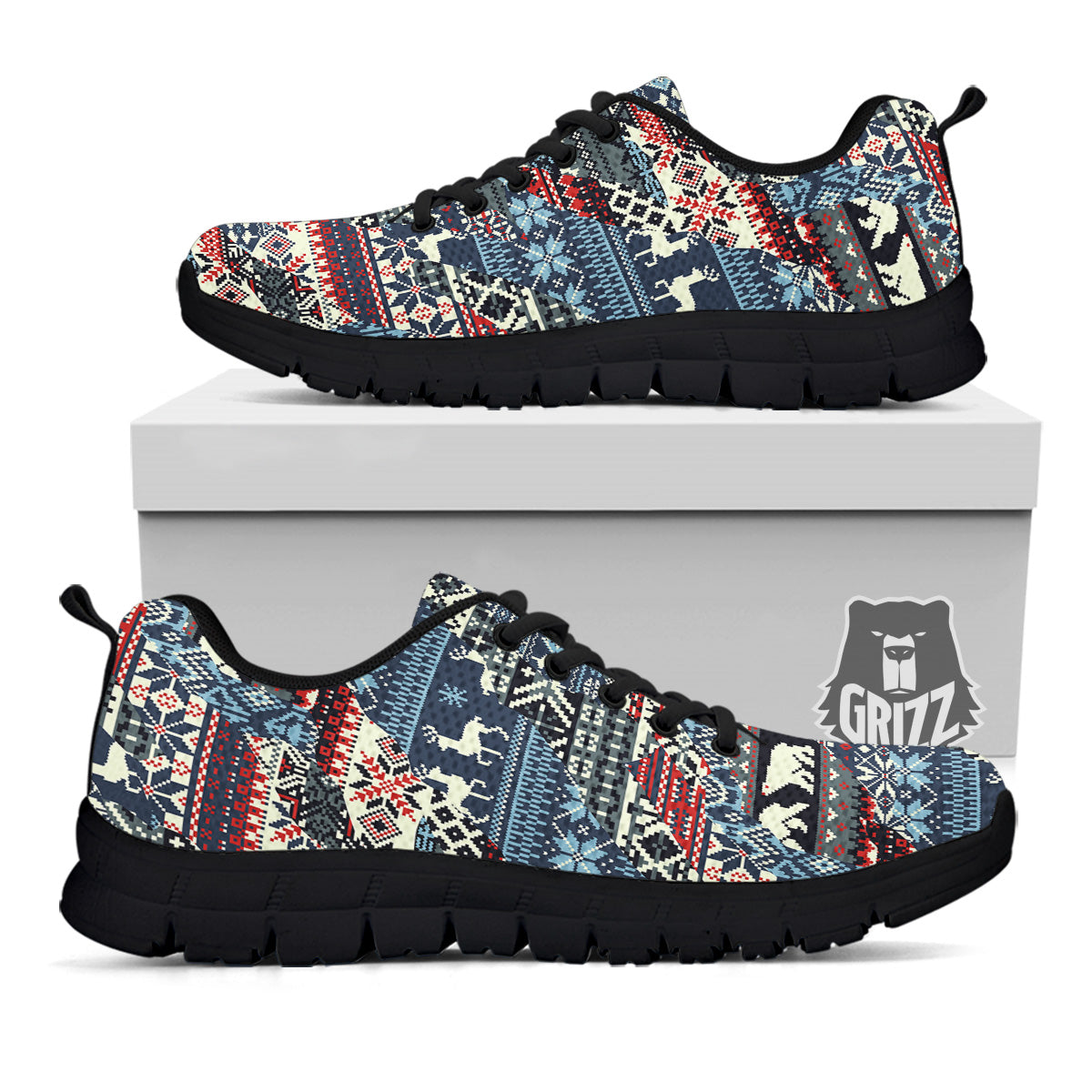 Patchwork Ugly Snowflake And Knitted Print Pattern Black Sneaker-grizzshop
