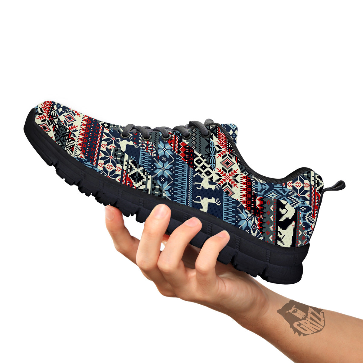 Patchwork Ugly Snowflake And Knitted Print Pattern Black Sneaker-grizzshop