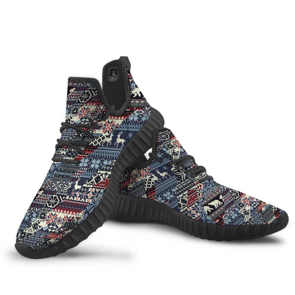 Patchwork Ugly Snowflake And Knitted Print Pattern Black Walking Shoes-grizzshop