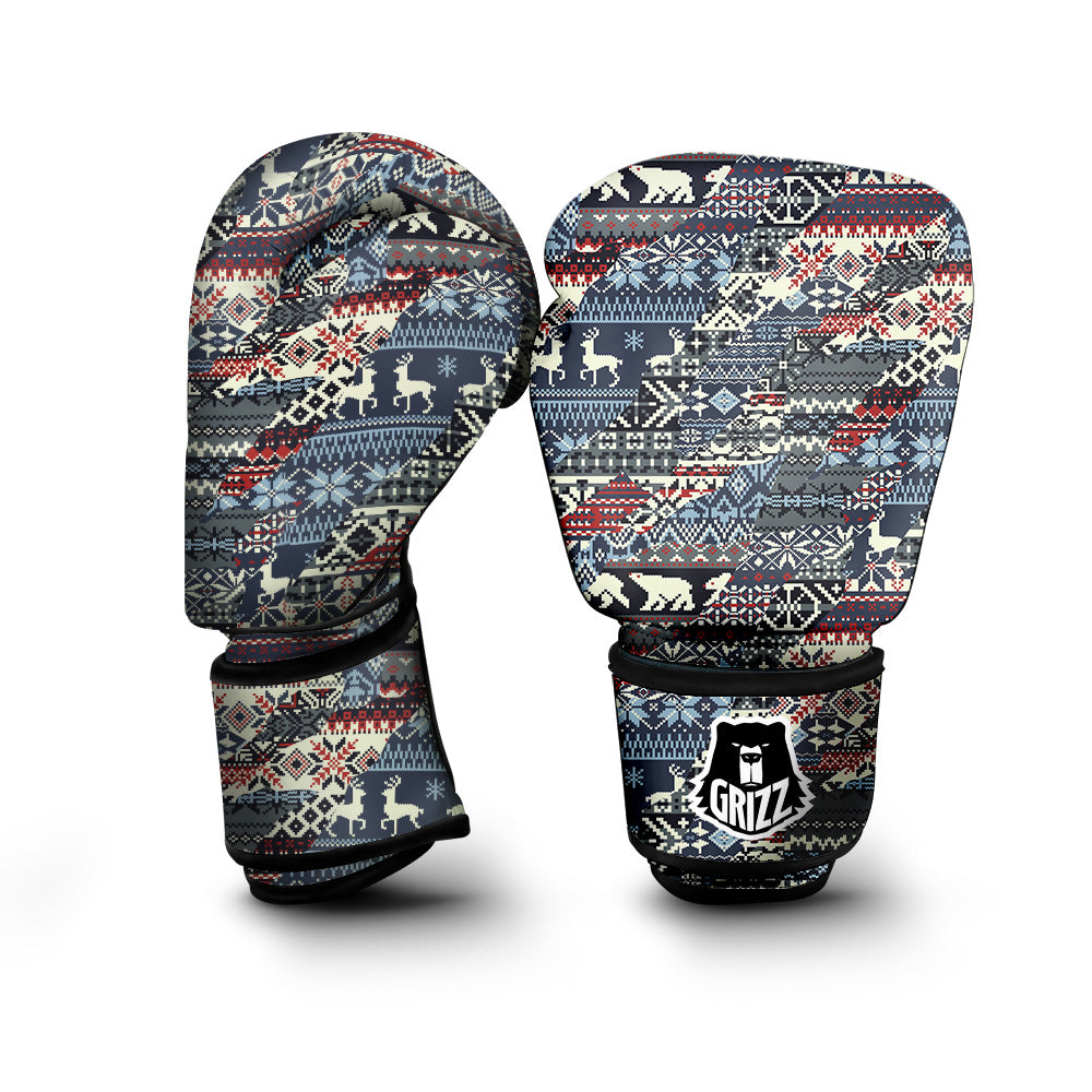 Patchwork Ugly Snowflake And Knitted Print Pattern Boxing Gloves-grizzshop