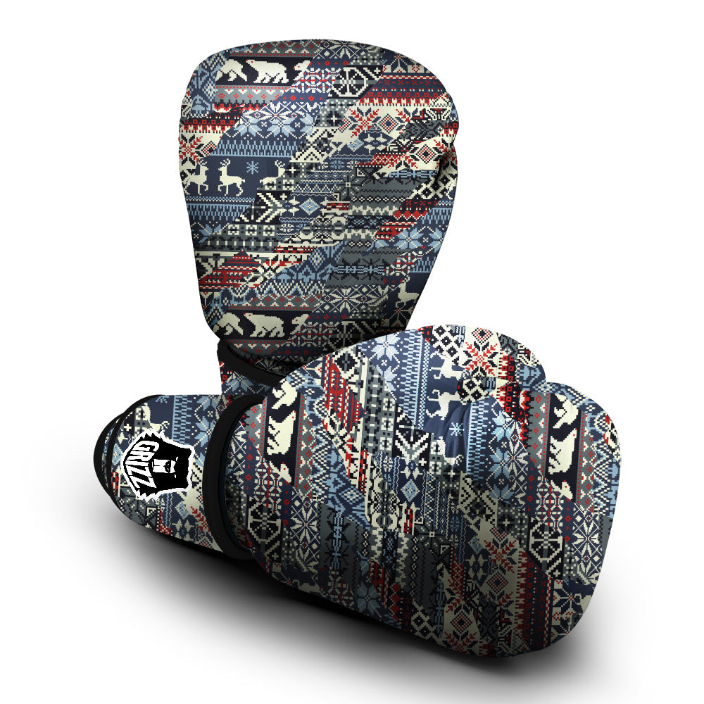 Patchwork Ugly Snowflake And Knitted Print Pattern Boxing Gloves-grizzshop