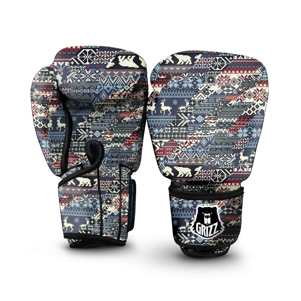 Patchwork Ugly Snowflake And Knitted Print Pattern Boxing Gloves-grizzshop