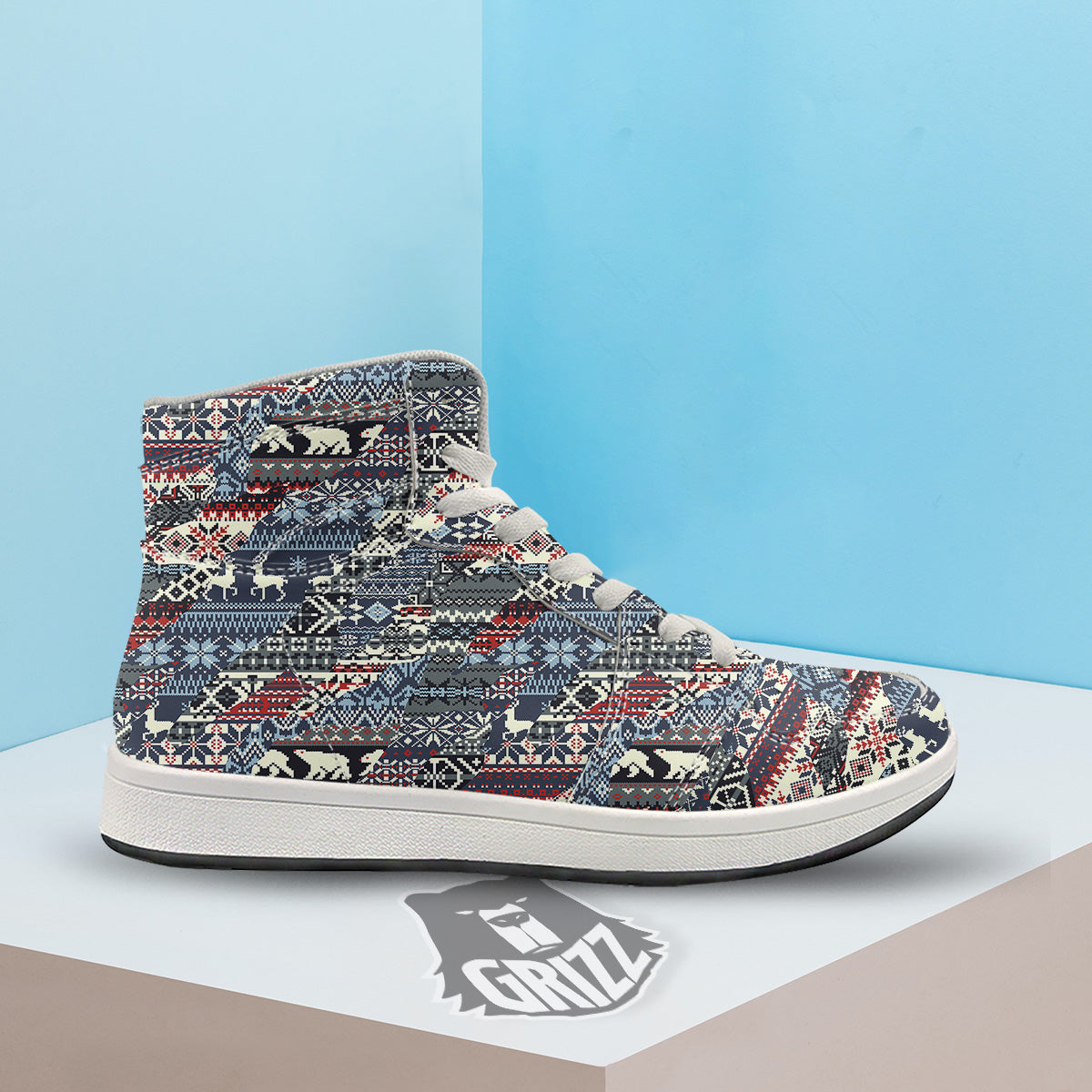 Patchwork Ugly Snowflake And Knitted Print Pattern High Top Sneakers-grizzshop