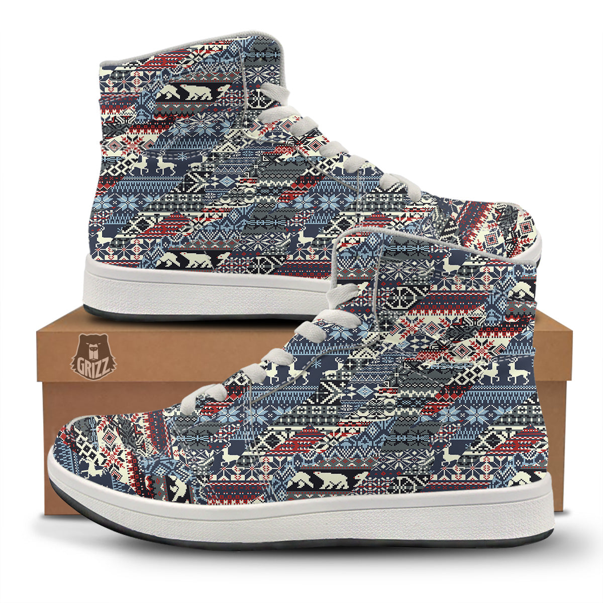 Patchwork Ugly Snowflake And Knitted Print Pattern High Top Sneakers-grizzshop