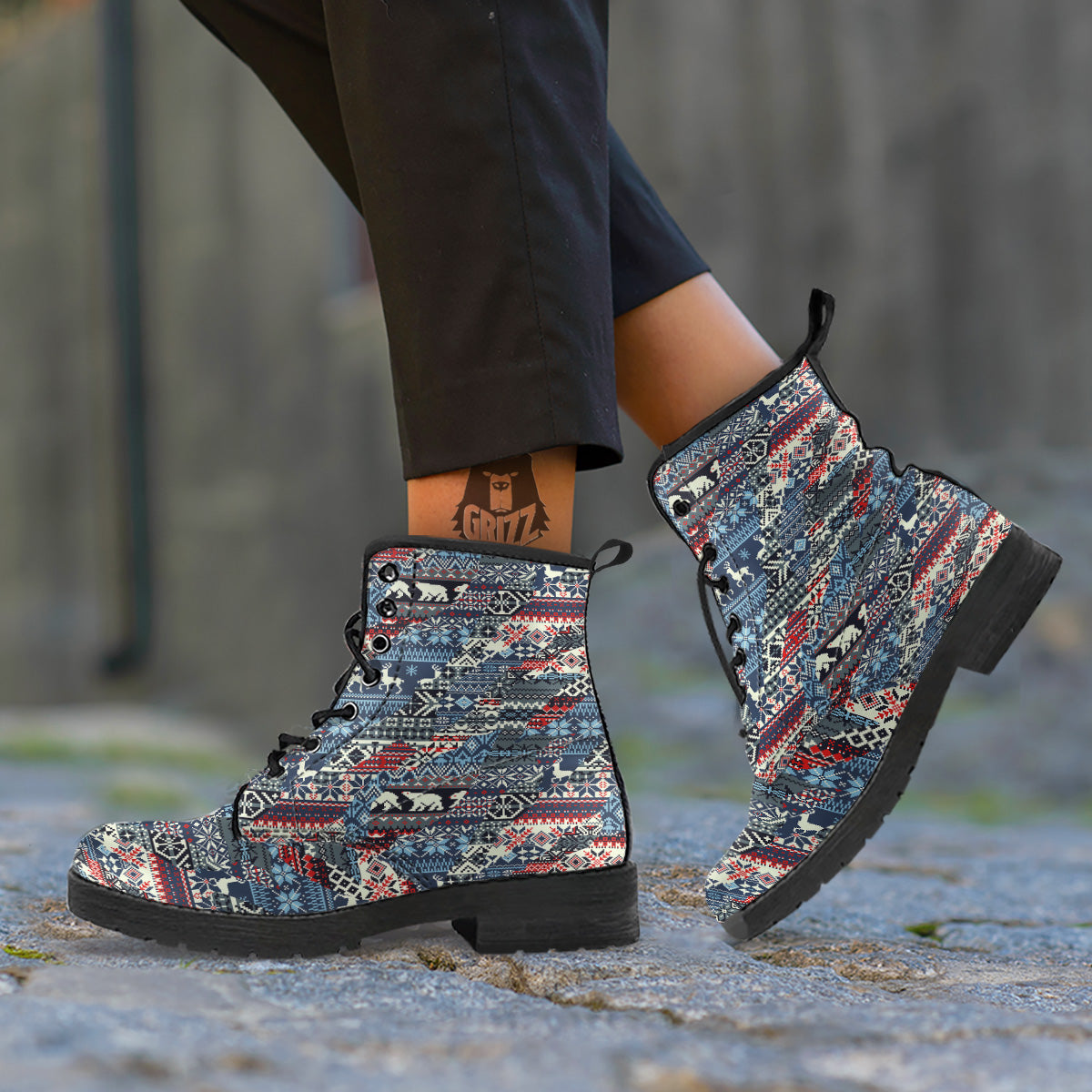 Patchwork Ugly Snowflake And Knitted Print Pattern Leather Boots-grizzshop