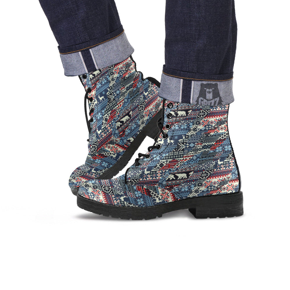Patchwork Ugly Snowflake And Knitted Print Pattern Leather Boots-grizzshop