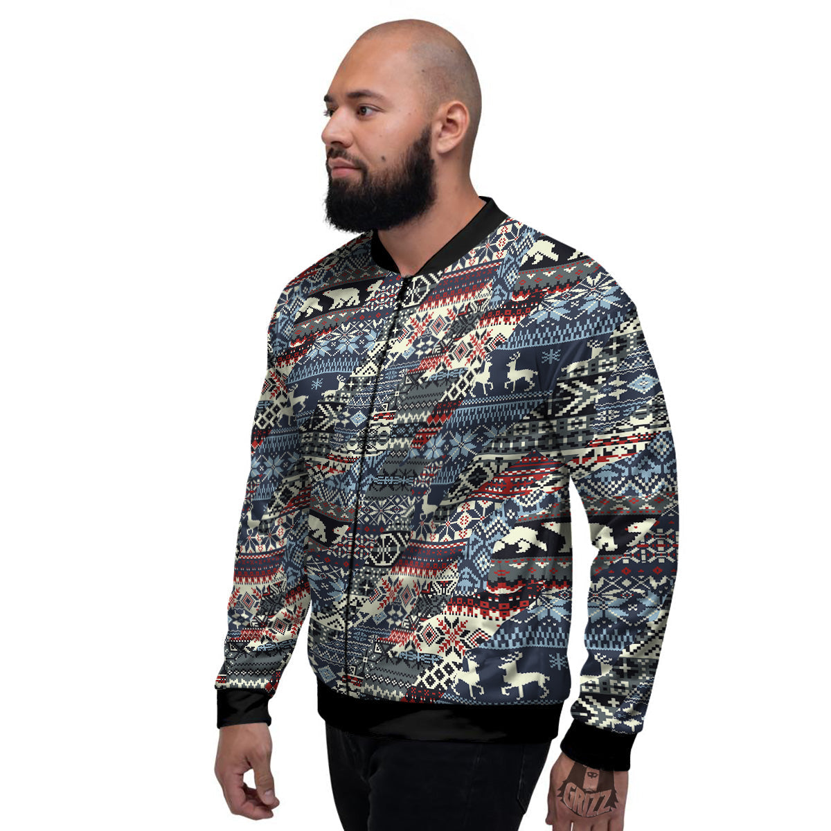 Patchwork Ugly Snowflake And Knitted Print Pattern Men's Bomber Jacket-grizzshop