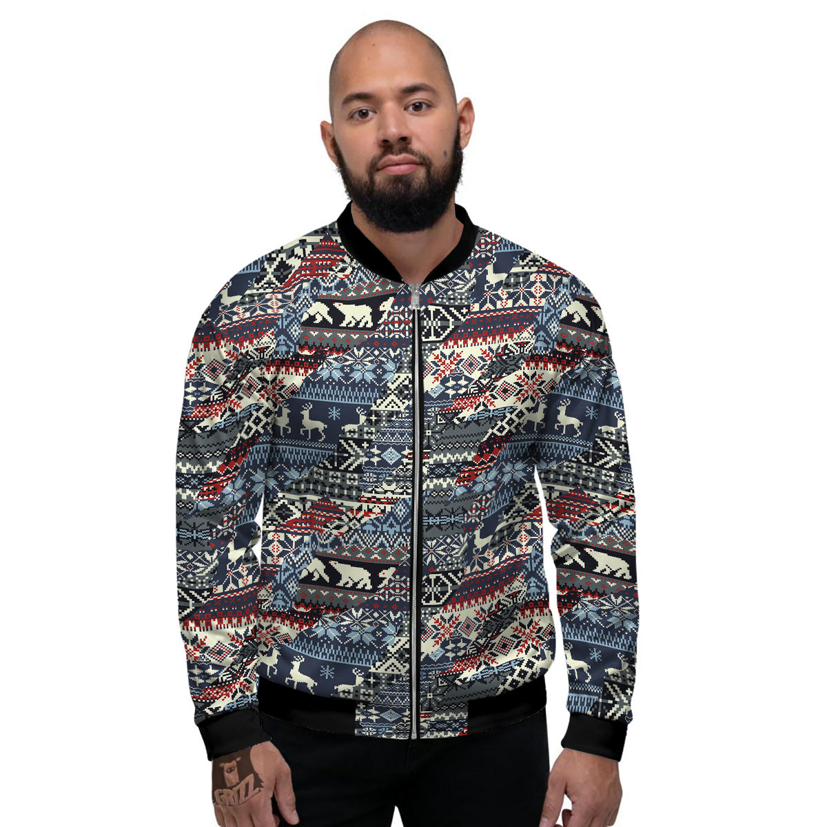 Patchwork Ugly Snowflake And Knitted Print Pattern Men's Bomber Jacket-grizzshop