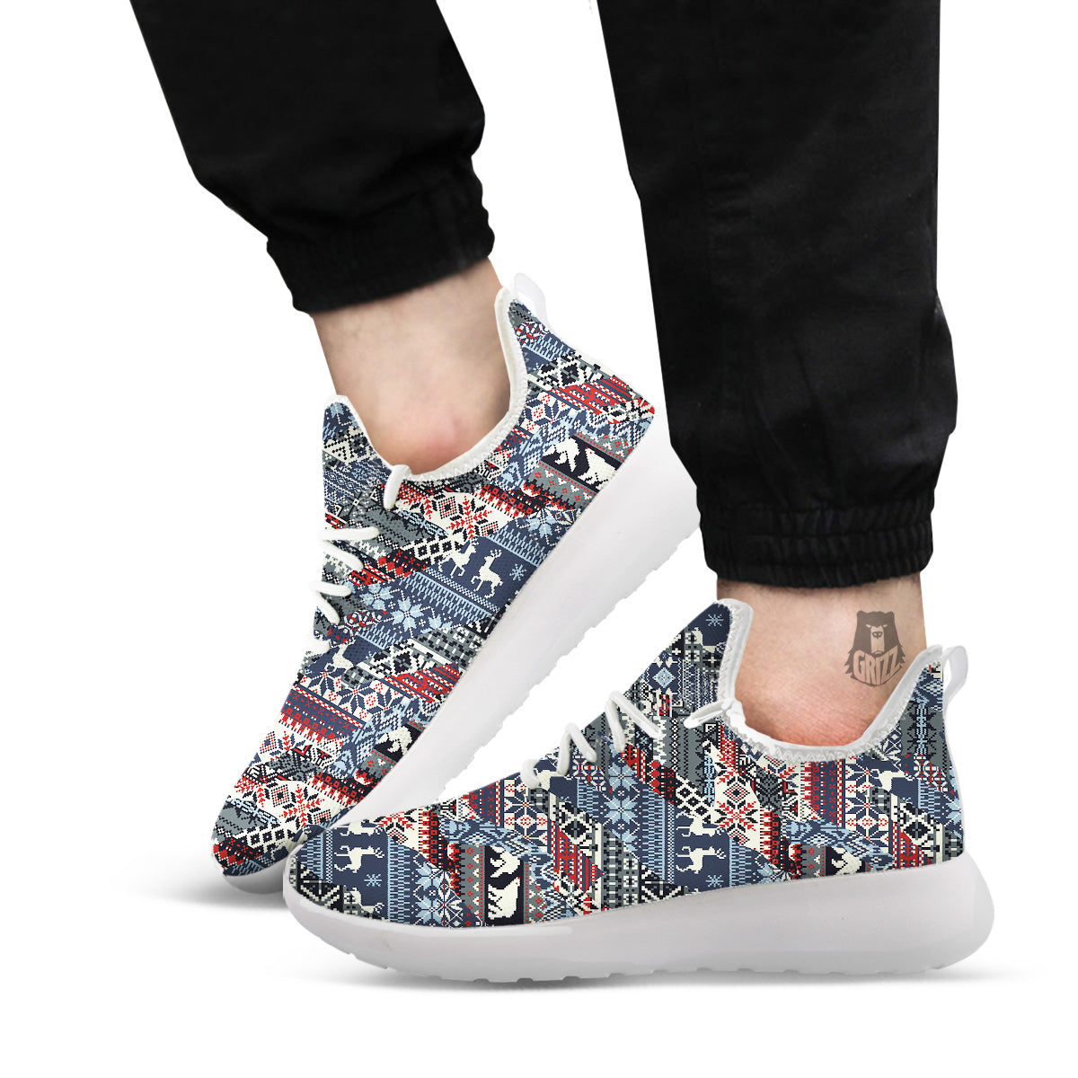 Patchwork Ugly Snowflake And Knitted Print Pattern White Athletic Shoes-grizzshop