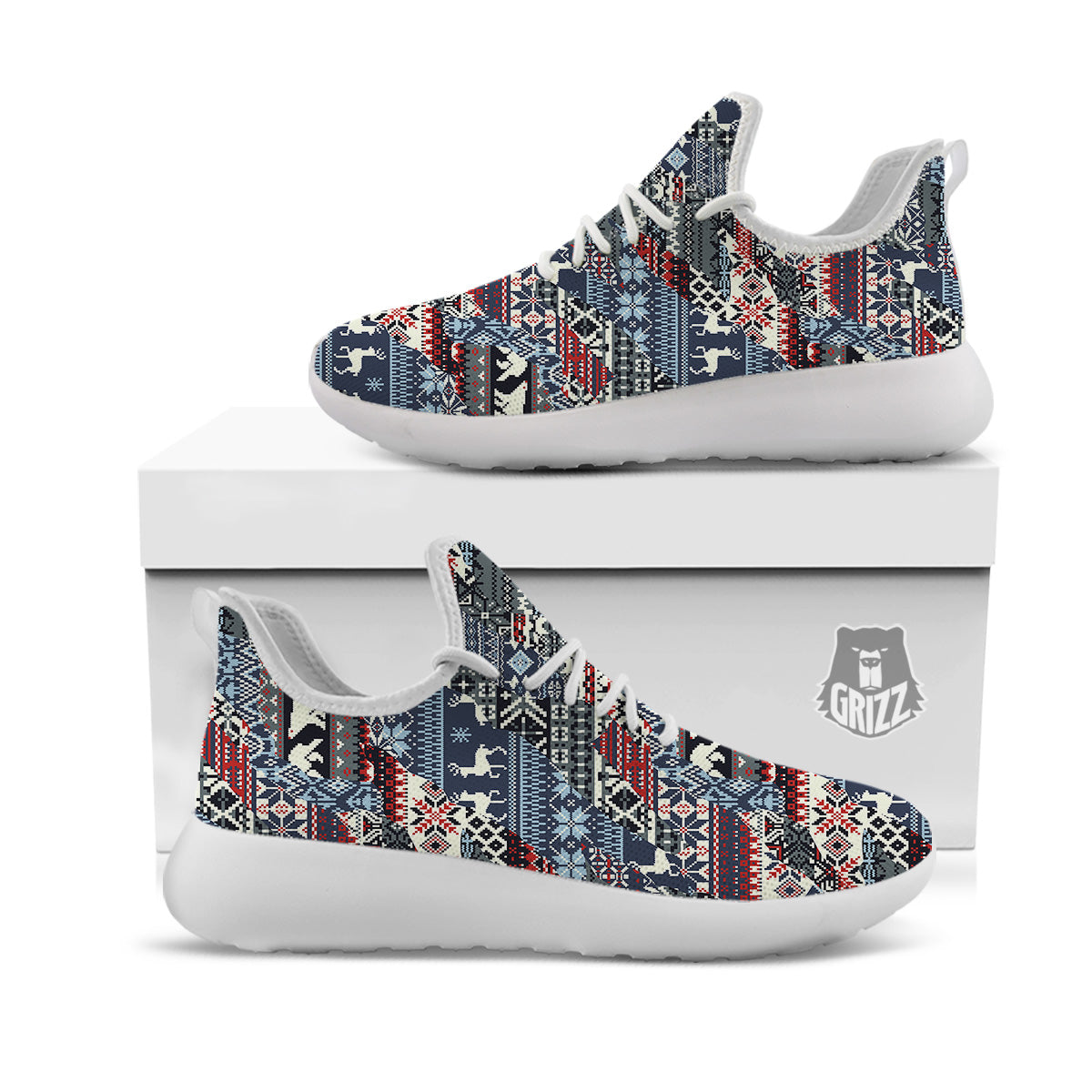 Patchwork Ugly Snowflake And Knitted Print Pattern White Athletic Shoes-grizzshop