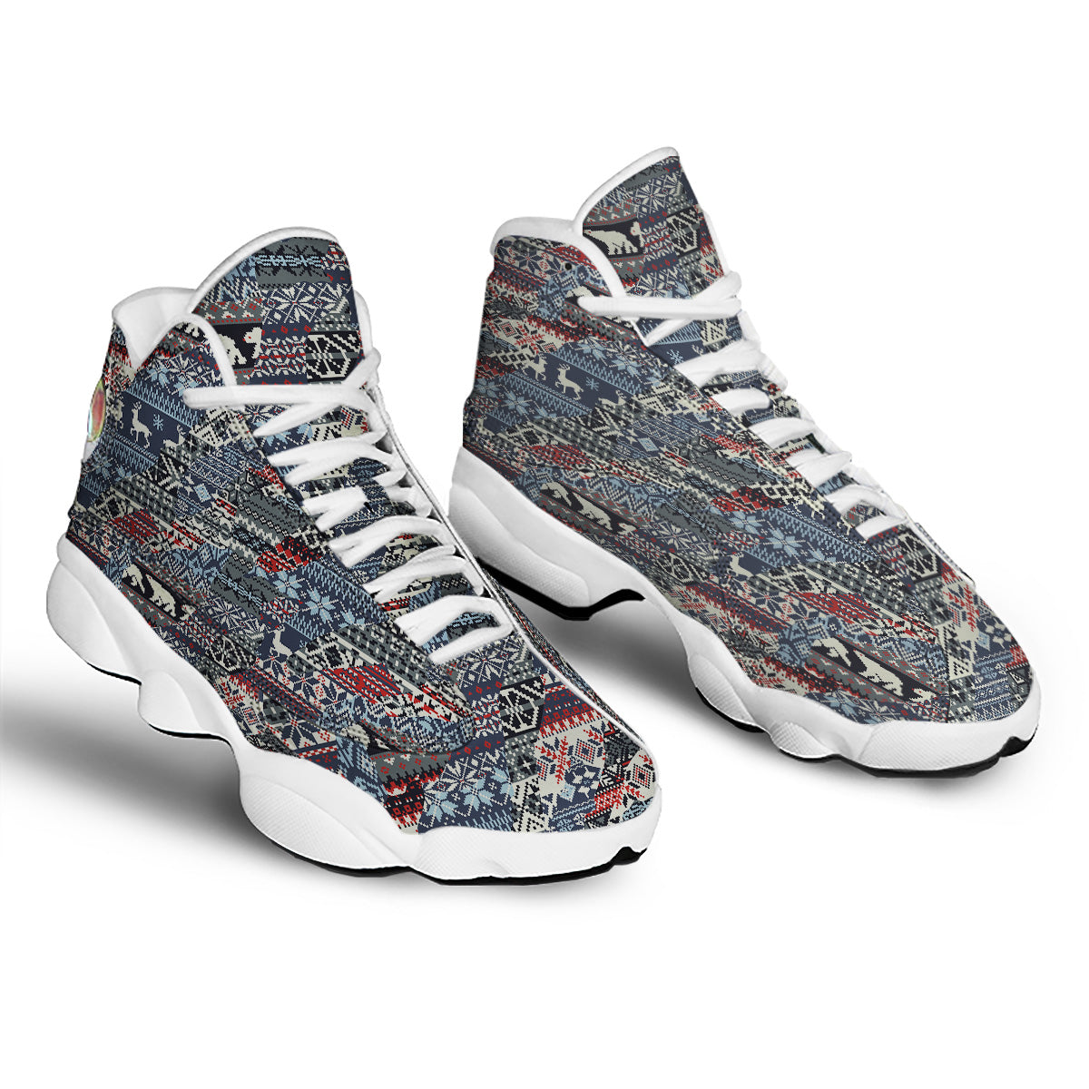 Patchwork Ugly Snowflake And Knitted Print Pattern White Basketball Shoes-grizzshop
