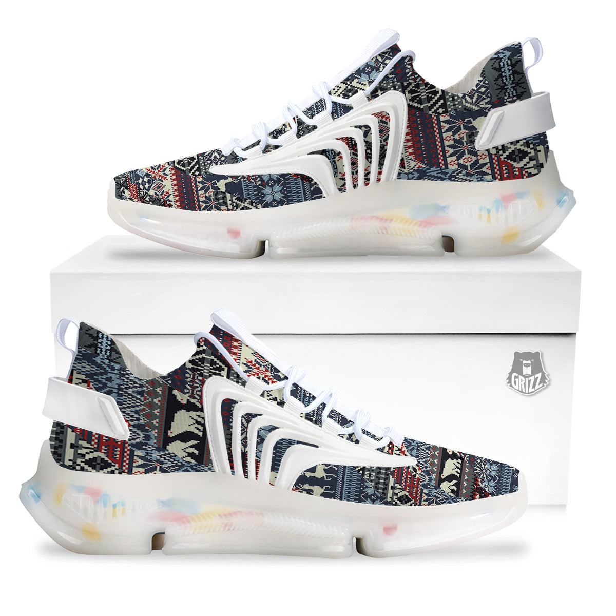 Patchwork Ugly Snowflake And Knitted Print Pattern White Gym Shoes-grizzshop