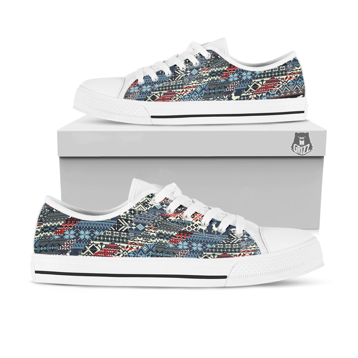 Patchwork Ugly Snowflake And Knitted Print Pattern White Low Top Shoes-grizzshop
