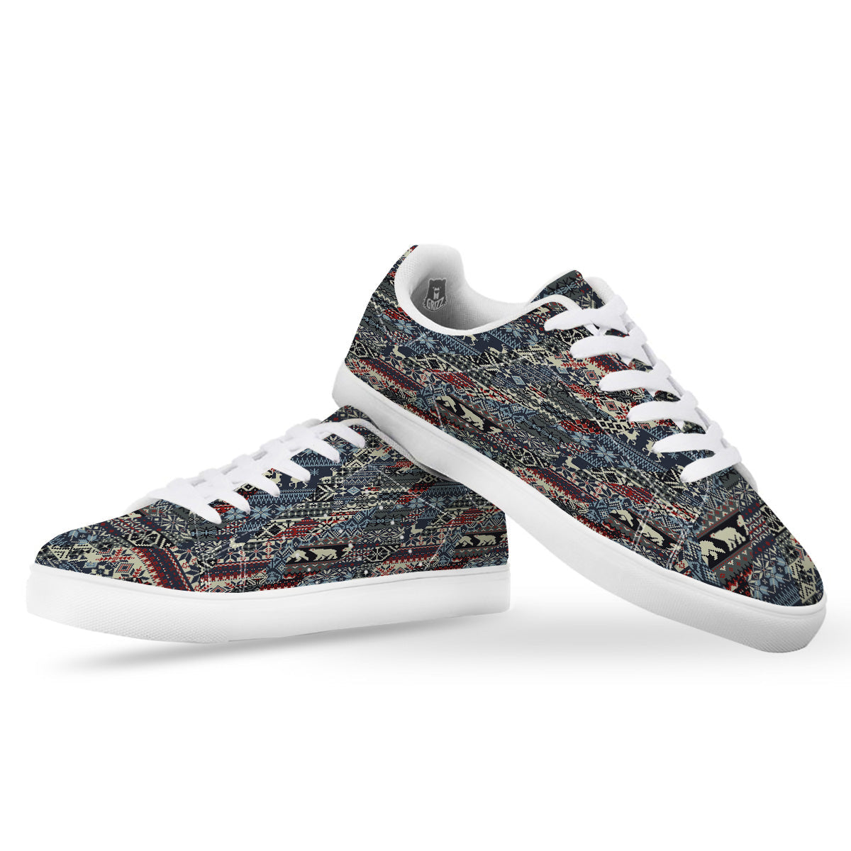 Patchwork Ugly Snowflake And Knitted Print Pattern White Low Top Sneakers-grizzshop