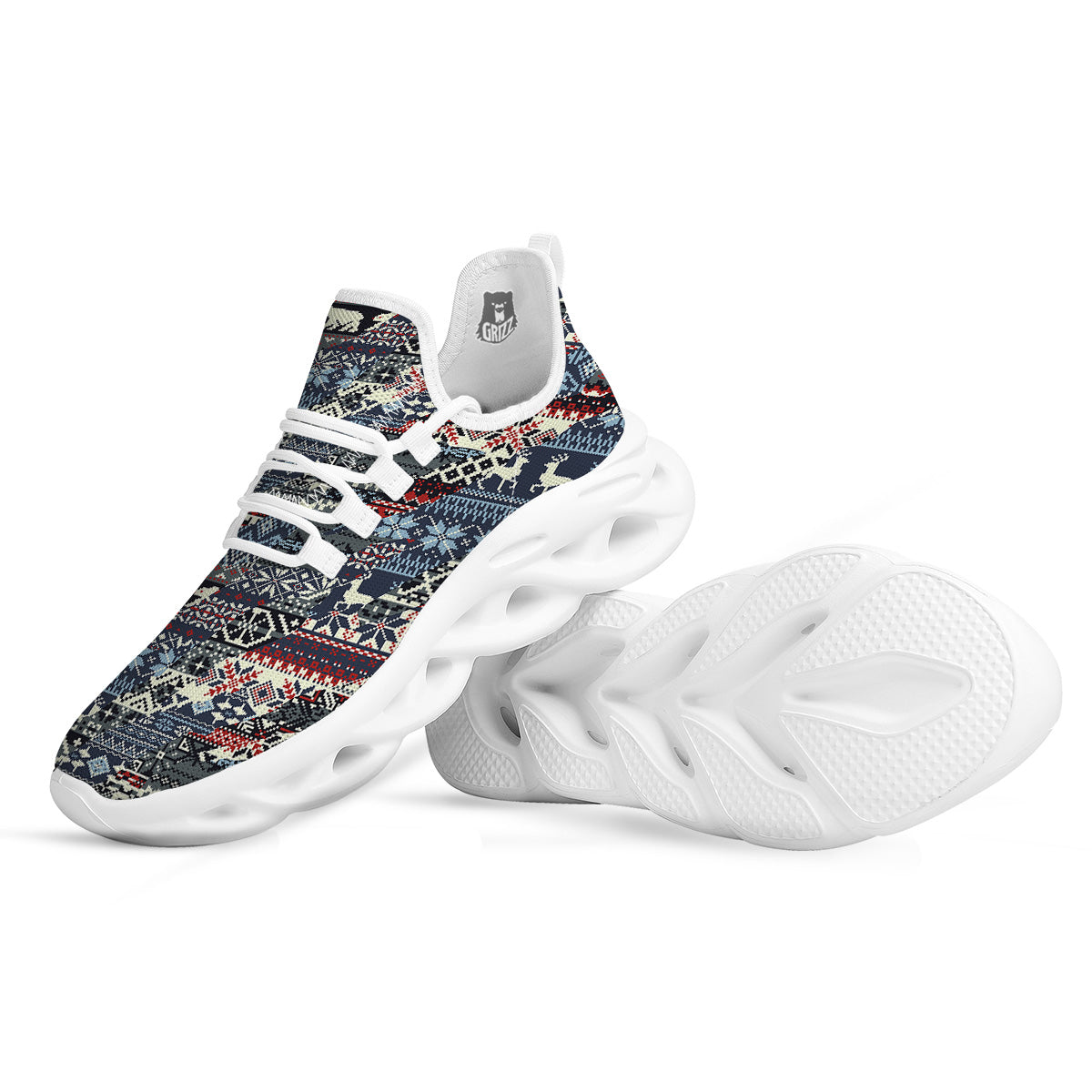 Patchwork Ugly Snowflake And Knitted Print Pattern White Running Shoes-grizzshop