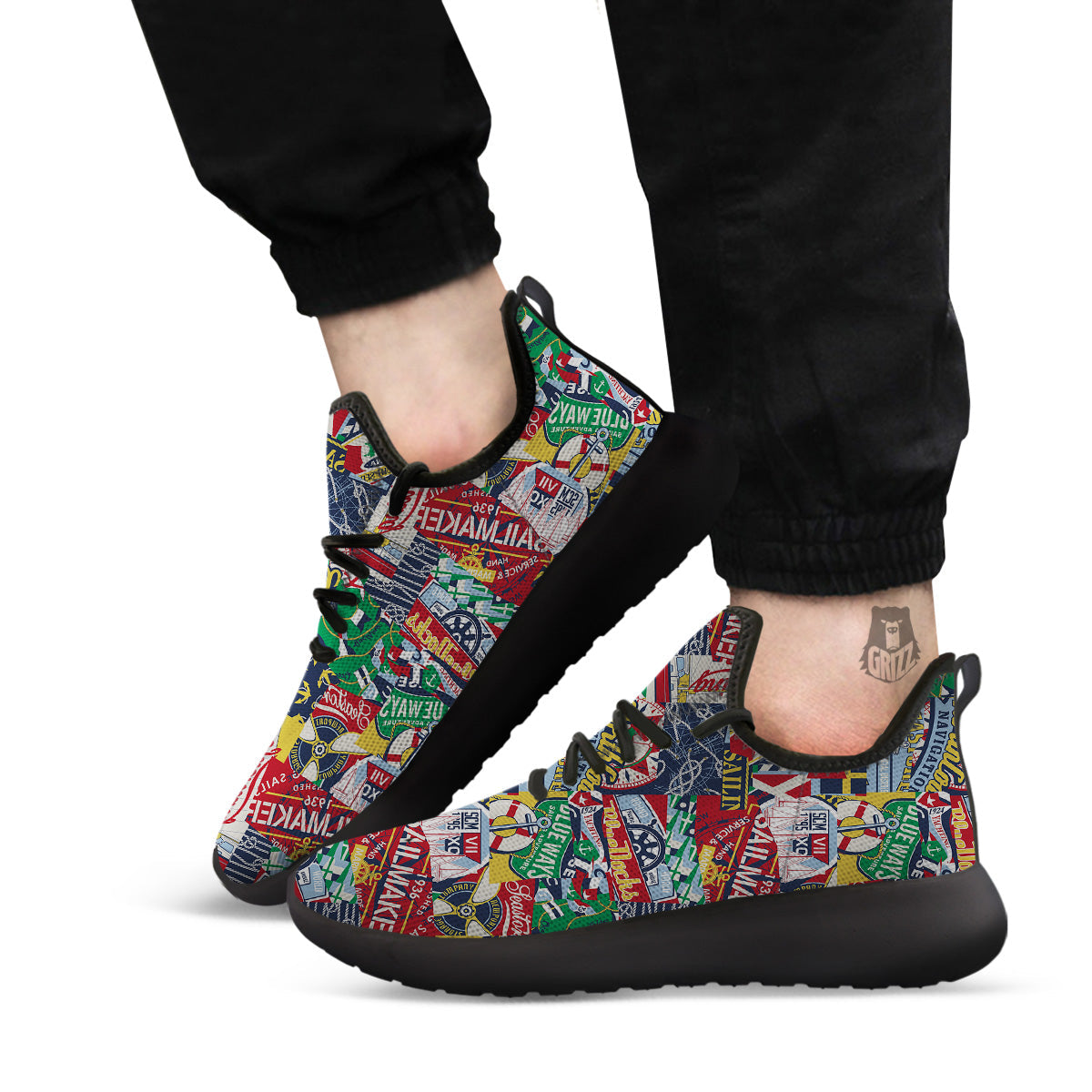 Patchwork Vintage Nautical Print Pattern Black Athletic Shoes-grizzshop