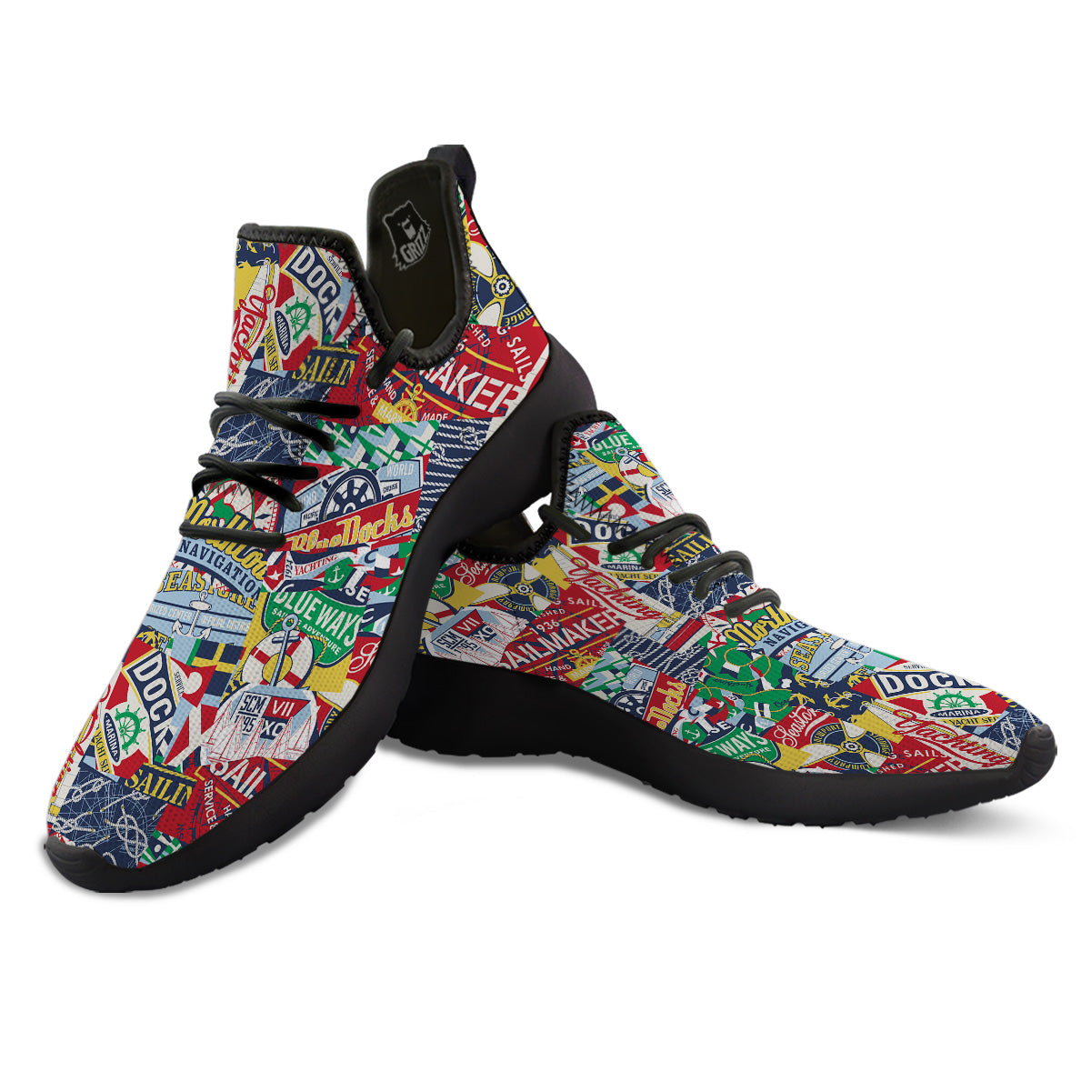 Patchwork Vintage Nautical Print Pattern Black Athletic Shoes-grizzshop