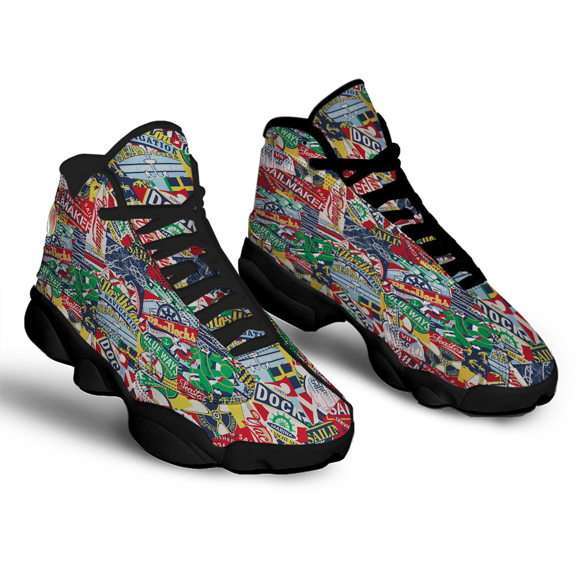 Patchwork Vintage Nautical Print Pattern Black Basketball Shoes-grizzshop
