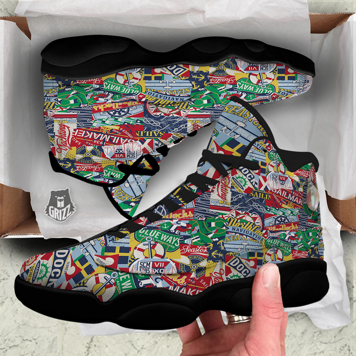 Patchwork Vintage Nautical Print Pattern Black Basketball Shoes-grizzshop