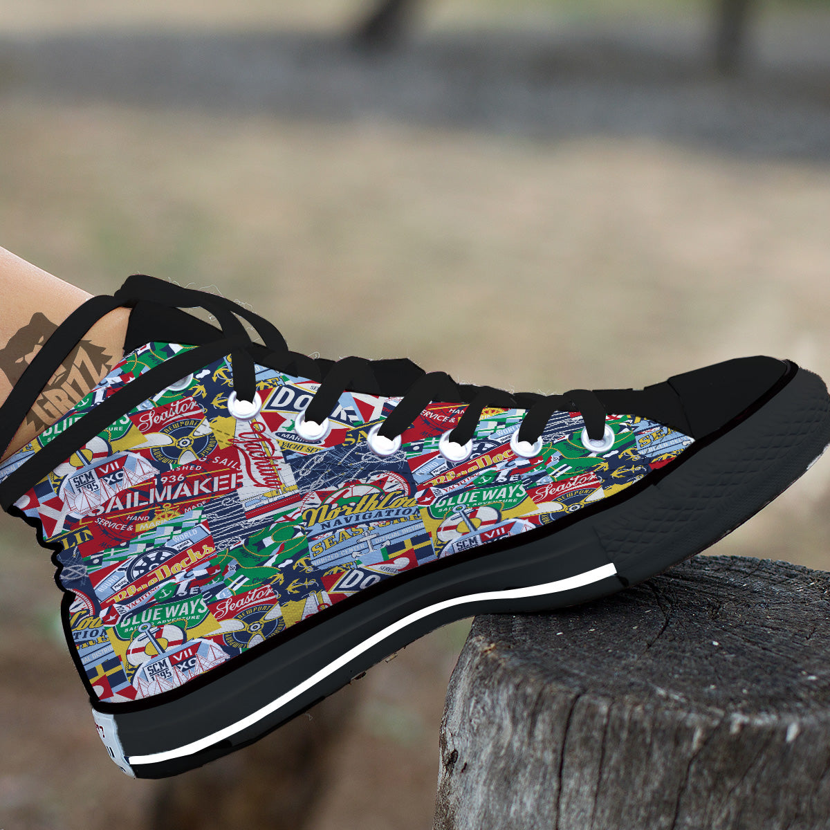 Patchwork Vintage Nautical Print Pattern Black High Top Shoes-grizzshop